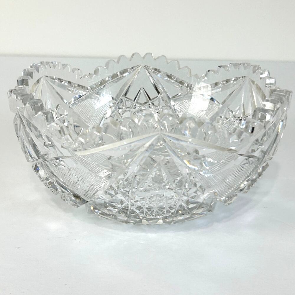 Vintage Heavy Cut Glass Bowl 8" Starburst Pinwheel Sawtooth Rim 8" Clear Glass